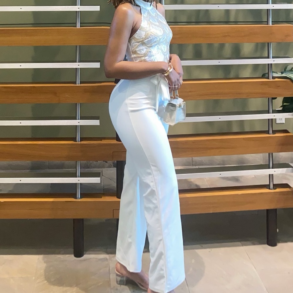 White dressy backless jumpsuit sparkly